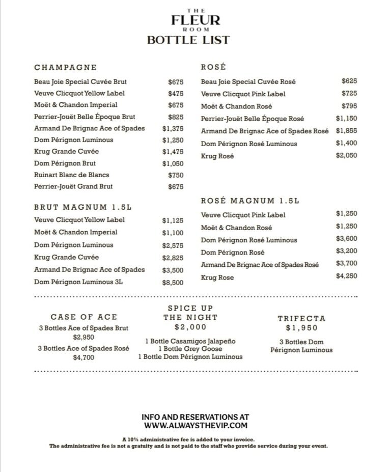 The Fleur Room NYC at Moxy Chelsea Champagne Bottle and Bottle Packages Menu With Prices Book VIP Reservations at Always The VIP