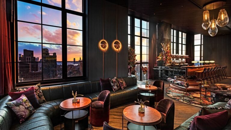 The Fleur Room NYC in Moxy Chelsea The South Side Room seating facing the bar with a view of NYC VIP Reservations at Always The VIP